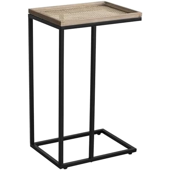 Farmhouse C-Shaped Couch End Table with Rustic Wood & Metal Woven Tray Top & Metal Frame, Side Accent Table for Living Room, Black