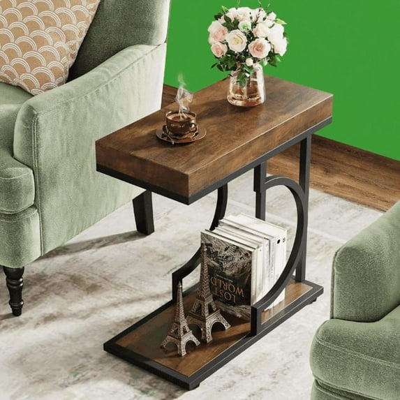 Farmhouse C Table End Table, Semicircular Frame, Sturdy Metal & Particle Board for Living Room/Bedroom/Small Spaces