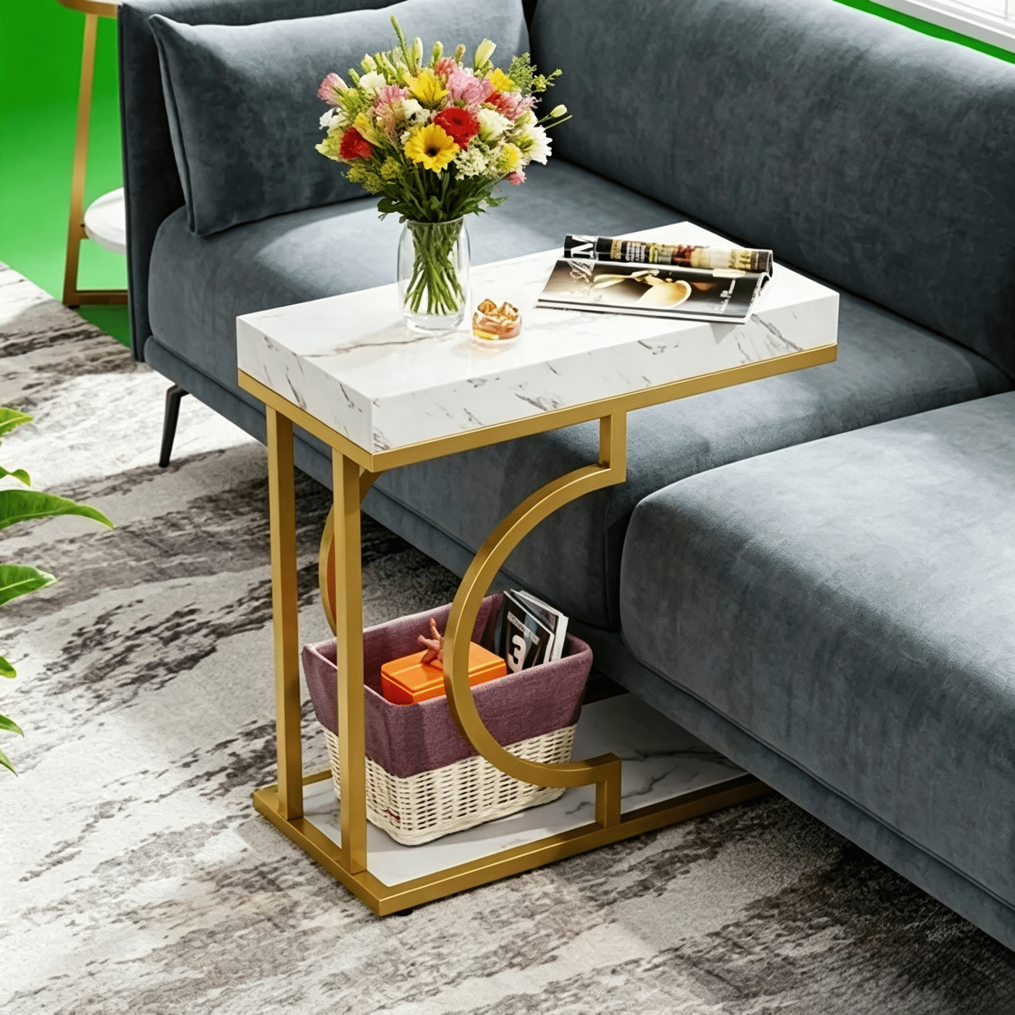 Farmhouse C Table, Semicircular Frame, Sturdy Metal & Particle Board for Living Room/Bedroom/Small Spaces