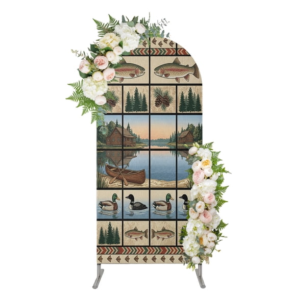 Farmhouse Cabin Arch Backdrop Cover 4FT, Country Barn Duck Fish Nature Scenery Spandex Fitted Stretchy Arch Stand Covers, Round Top Chiara Backdrop Cover for Wedding Party Birthday Baby Shower