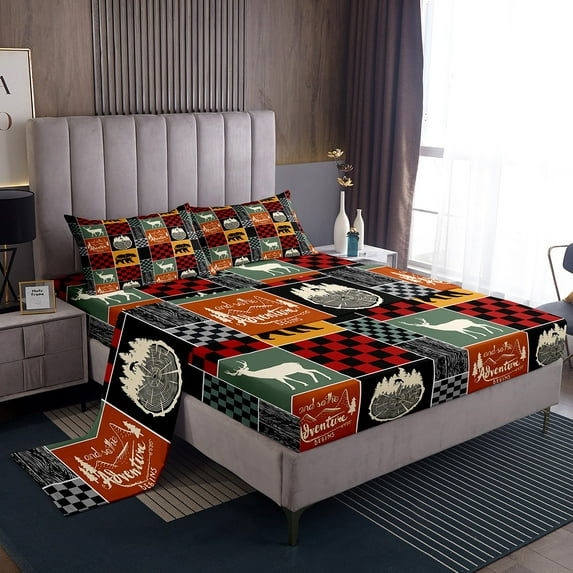 Farmhouse Cabin Bed Sheets Set Queen, Bear Deer Forest Sheets Wooden Board Country Sheet Set Bedroom, Retro Lodge Wild Animal Flat Fitted Sheet Rustic Decorations For Home, Red Grey