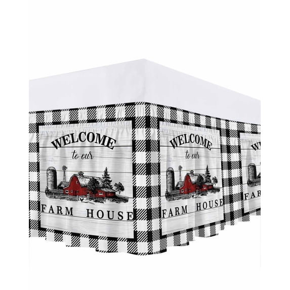 Farmhouse Cabin Bed Skirt Queen Size, Country Vintage House Wood Grain Pliad Wrap Around Bed Skirting with Adjustable Elastic Strap, Dust Ruffle Pleated Bedskirts 16 Inch Drop for Bedroom Queen Beds