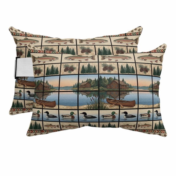 Farmhouse Cabin Outdoor Pillows for Chaise Lounge Chair Beach Headrest Pillow Set of 2 Waterproof Lumbar Pillows with Insert&Adjustable Strap Country Barn Duck Fish Nature Scenery Pool Pillow 12"x20"