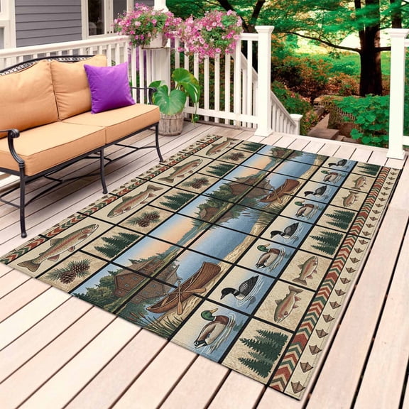 Farmhouse Cabin Outdoor Rug for Patio/Deck/Porch, Non-Slip Large Area Rug 3 x 5 Ft, Country Barn Duck Fish Nature Scenery Indoor Outdoor Rugs Washable Area Rugs, Reversible Camping Rug Carpet Runner