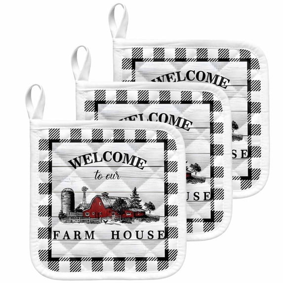 Farmhouse Cabin Pot Holders for Kitchen Heatproof Potholder, 3 Pack Country Vintage House Wood Grain Pliad Hot Pads Multipurpose Oven Pads Cloth Potholders Trivet for Cooking Baking