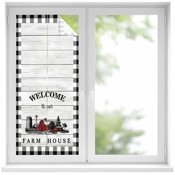 Farmhouse Cabin Privacy Window Film, Decorative Frosted Glass Window Film, Country Vintage House Wood Grain Pliad Reusable Peel and Stick Static Cling for Home Bathroom Office Glass Door 17.7"x39.3"