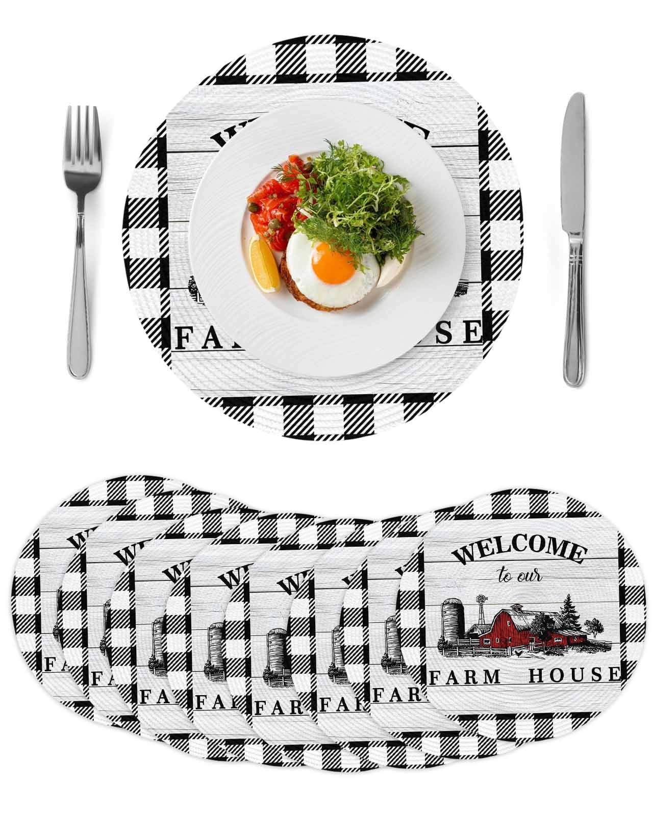 Farmhouse Cabin Round 13 Inch Placemats Set of 8, Country Vintage House ...