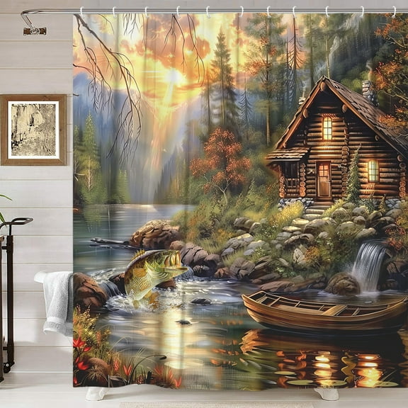 Farmhouse Cabin Shower Curtain, Rustic Lodge Bass Fish Lake Fishing RV Shower Curtain, Funny Hunting Camp Forest Nature Art Fisherman Shower Curtain Bathroom Accessories with 12PCS Hooks,36X70IN