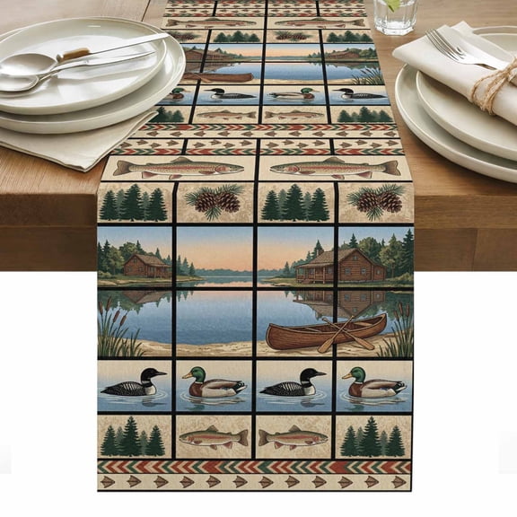 Farmhouse Cabin Table Runner Country Barn Duck Fish Nature Scenery Tablerunners 13 x 36 Inch, Table Decorations Tabletop Scarf for Summer Gathering Holiday Farmhouse Kitchen Dining Decor