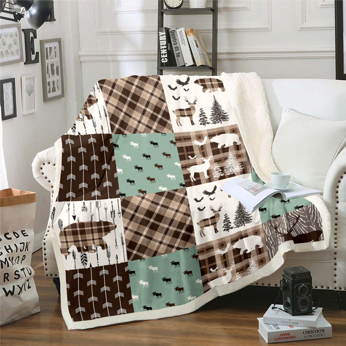 Farmhouse Cabin Throw Blanket Rustic Bear Deer Blanket 50"x60",Woodland