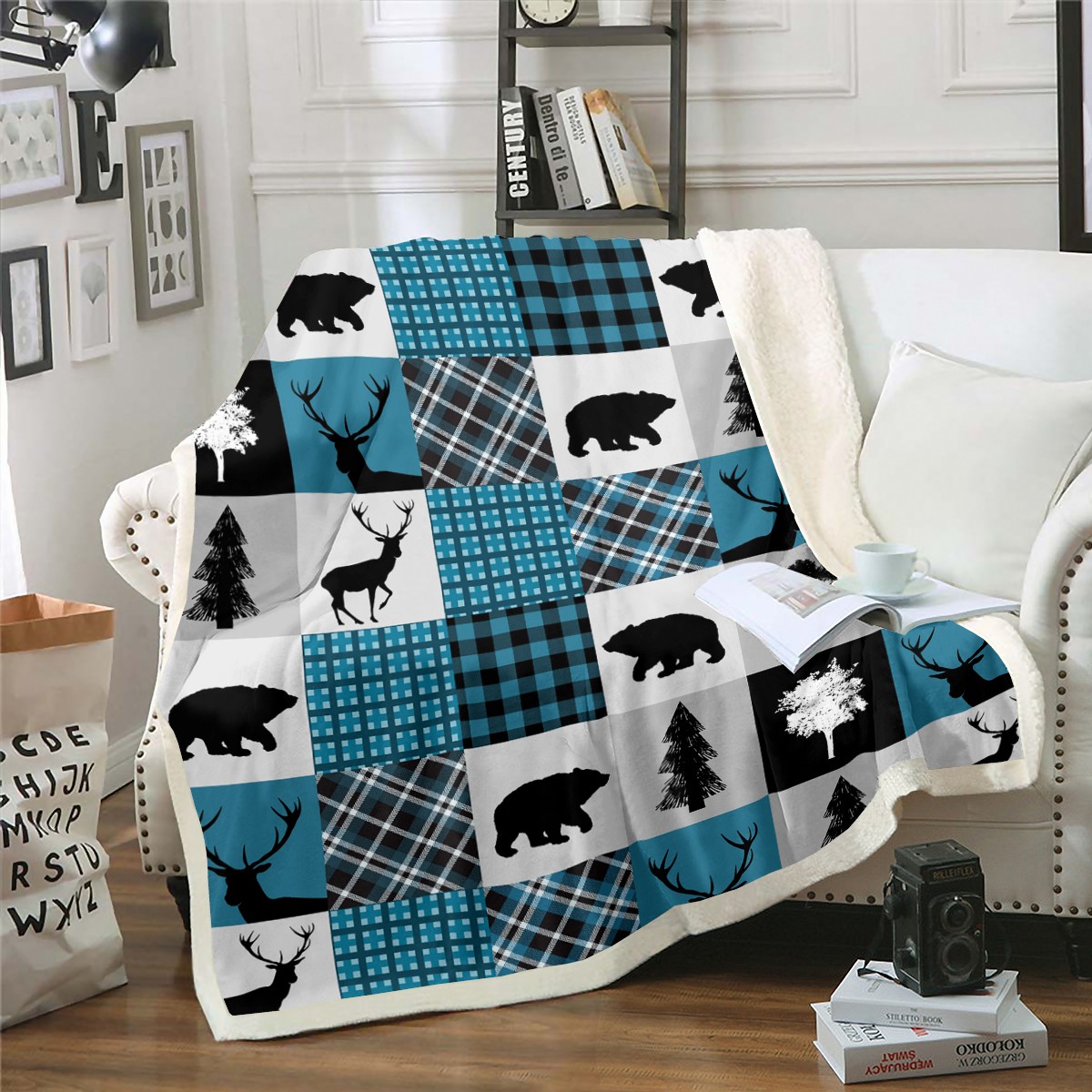 Farmhouse Cabin Throw Blanket,Rustic Bear Deer Fleece Blanket Woodland