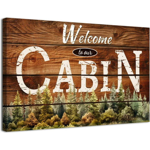 Farmhouse Cabin Wall Art Living Room Rustic Welcome Sign Pictures Wall Decor Nature Pine Trees Forest Brown Woodsy Grain Canvas Prints Lodge Woodland Painting Nursery Bedroom Home Decoration 12x16in