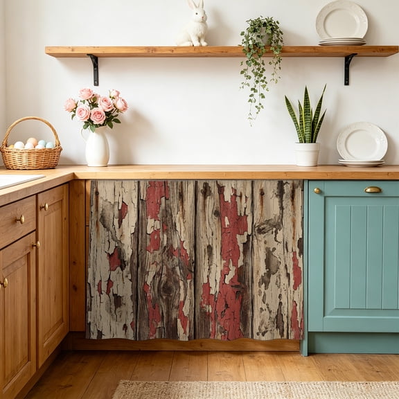 Farmhouse Cabinet Curtains 10" W x 11" L Country Rustic Shabby Chic Retro Wooden Texture Waterproof Adhesive Kitchen Under Sink Curtain Dust-Proof Dishwasher Skirt for Closet