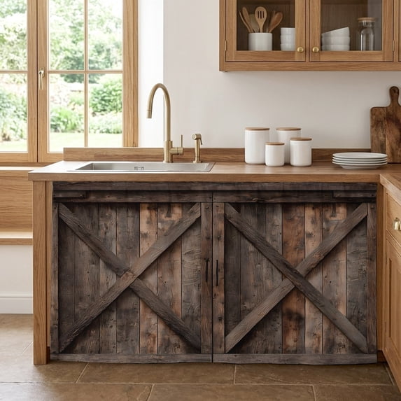 Farmhouse Cabinet Curtains for Kitchen 32"W x 55"L, Brown Country Style Barn Door Distressed Wood Grain Pantry Curtain Skirt Magic Tape Short Curtains Decor Privacy Panel for Utility Closet Bathroom