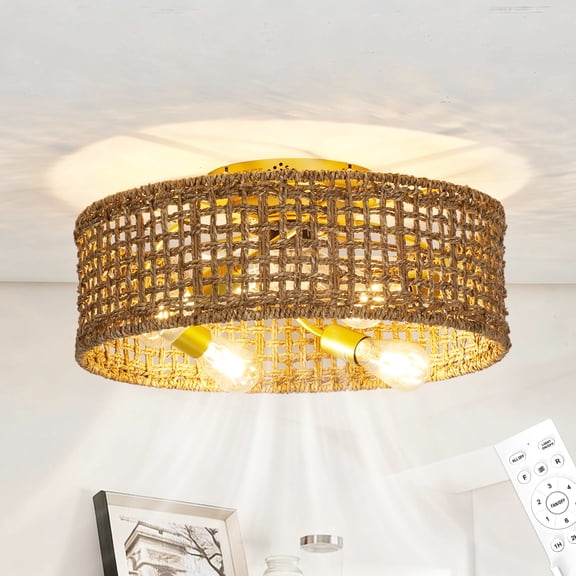 Farmhouse Caged Ceiling Fan with Light, Flush Mount Low Profile Bladeless Enclosed Fandelier with Remote Control and Timer, Rustic Industrial Ceiling Fan Light for Living Room Bedroom Nursery Style D