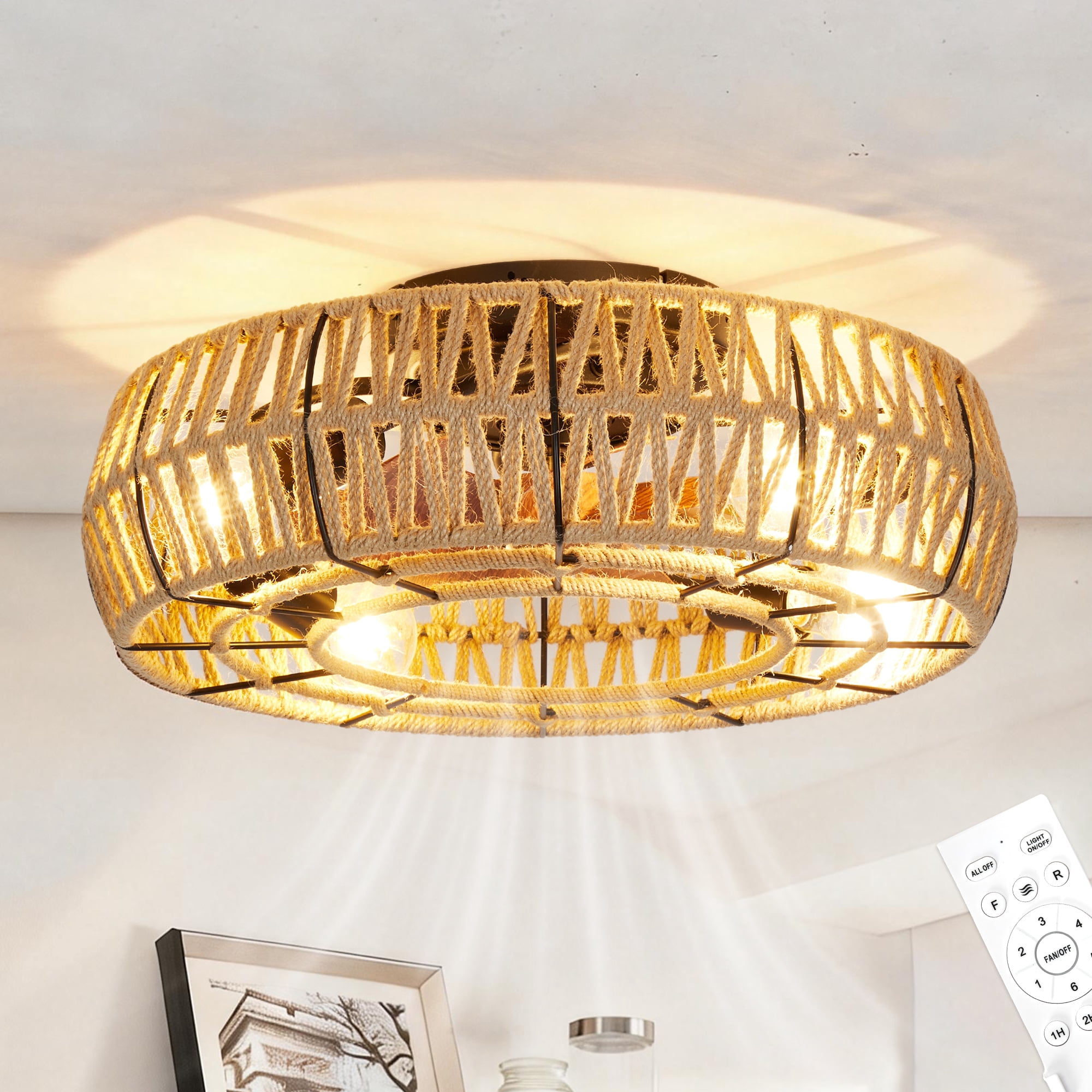 Farmhouse Caged Ceiling Fan with Light, Flush Mount Low Profile ...