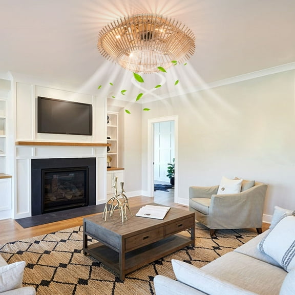 Farmhouse Caged Ceiling Fan W/ Light & Remote Control Rattan Woven Bamboo Lamps