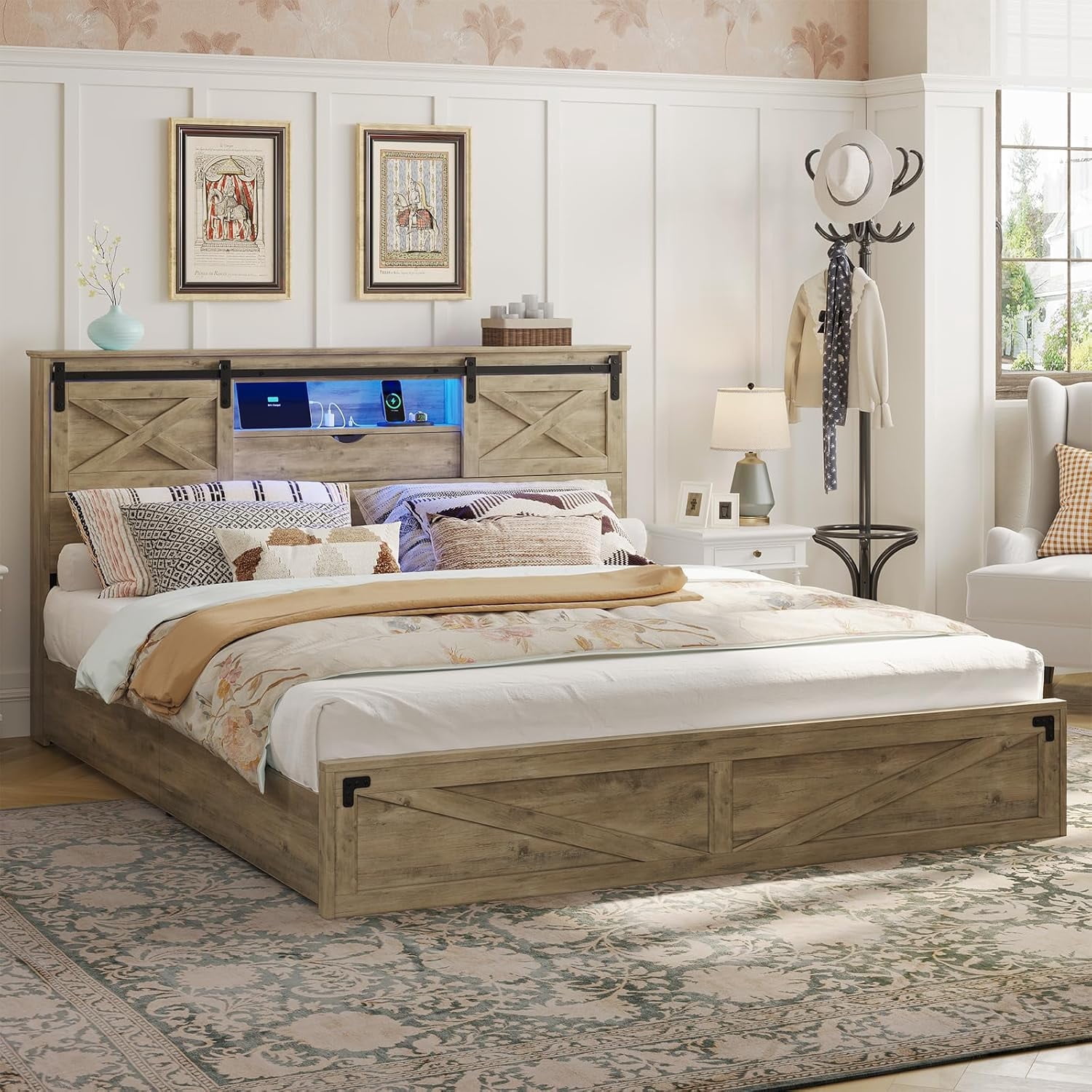 Farmhouse California King Size Bed Frame with LED Lights, Charging Station, Wooden California King Bed with Storage Bookcase Headboard, 2 Drawers, Country Rustic Bed Frame with Sliding Barn Door,Gray