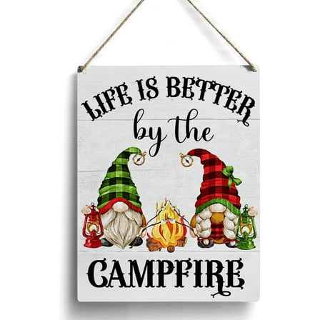 Farmhouse Camping Gnomes Wooden Sign Artwork, Camping Campfire Wood Sign Wall Art Hanging Sign Home Outdoor Decor 8x10 Inch