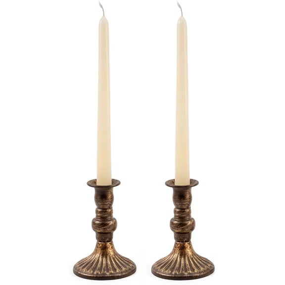 Farmhouse Candle Holders for Pillar Candles - Set of 2 Retro Bronze Metal Taper Candlesticks, Table Centerpiece Decor for Fireplace Mantle, Living Room, Dining Room (Copper Gold)