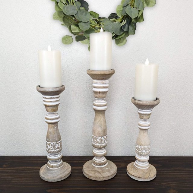 Farmhouse Candle Holders - Wood Pillar Candle Holders Set of 3 Decor ...