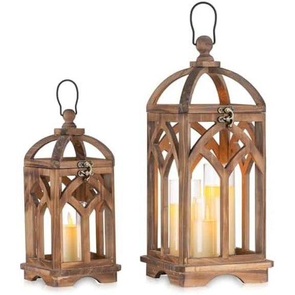 Farmhouse Candle Lantern Wooden - 12" / 16" Set of 2 Decorative Rustic Wood Candle Holder Home Decor Decoration Wedding Table Centerpiece, Brown$$Home Decor, Kitchen, & Other
