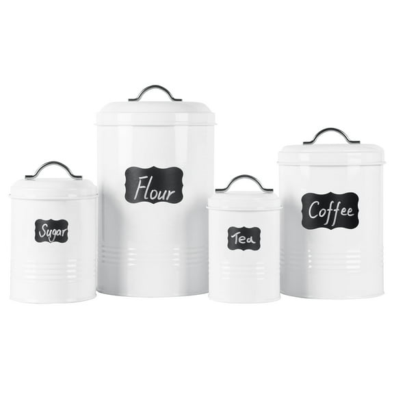 Farmhouse Canisters Sets for Kitchen Countertop, Set of 4 Airtight White Nesting Canister Jars with Removable Chalkboard Labels and Marker, for Flour Sugar Coffee Tea Storage