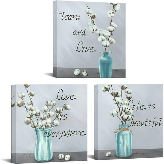 Farmhouse Canvas Decorations White Cotton Floral Wall Art Flower in Teal Vase Painting Prints Vintage Bathroom Decor