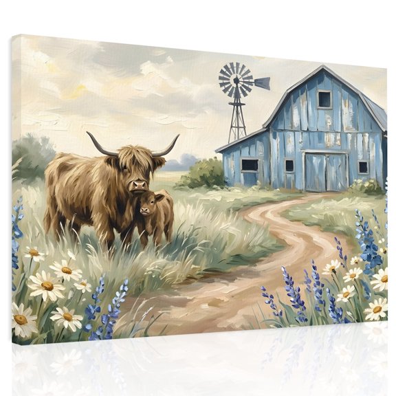 Farmhouse Canvas Print Wall Art, Cow Barn Windmill Rustic Countryside Wall Decor Modern Artwork Paintings Pictures for Living Room Framed and Stretched Ready to Hang 24" x 32"