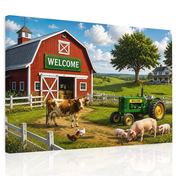 Farmhouse Canvas Print Wall Art, Rustic Red Barn Animal Tractor Cow Rural Fence Wall Decor Framed Artwork Paintings Pictures for Living Room Bedroom Stretched Ready to Hang, 24" x 32"