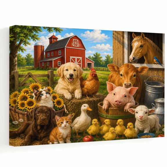 Farmhouse Canvas Wall Art 16" x 12" Countryside Landscape Pig Horse Dog Barn Frame Picture Prints, Ready to Hang Waterproof Artwork Decor for Bedroom, Office, Bathroom Entryway