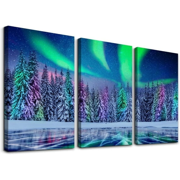 Farmhouse Canvas Wall Art For Bedroom Wall Decorations For Living Room Aurora Scenery Pictures Stretched And Framed Canvas Prints Paintings 3 Piece Bathroom Wall Decor Ready To Hang For Home Decor