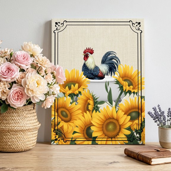 Farmhouse Canvas Wall Art, Chicken in Bathtub Sunflowers Retro Border Linen Pictures Wall Decor Wooden Framed Artwork Art Prints for Living Room Hallway Bedroom Office 8"x10"