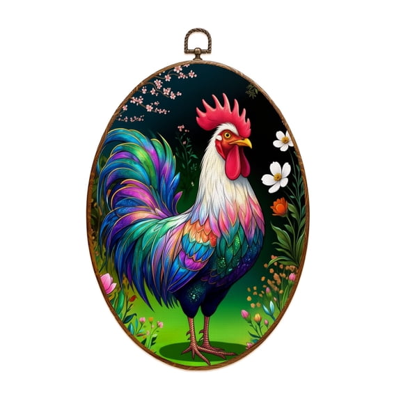 Farmhouse Canvas Wall Art Colorful Rooster Vibrant Feathers Floral Garden Oval Framed Canvas Prints Vintage Wall Hanging Decor for Home Decorations 8.6"x11.4"