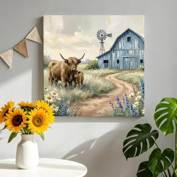 Farmhouse Canvas Wall Art, Cow Barn Windmill Rustic Countryside Pictures Wall Decor Wooden Framed Artwork Art Prints for Living Room Hallway Bedroom Office 8"x8"