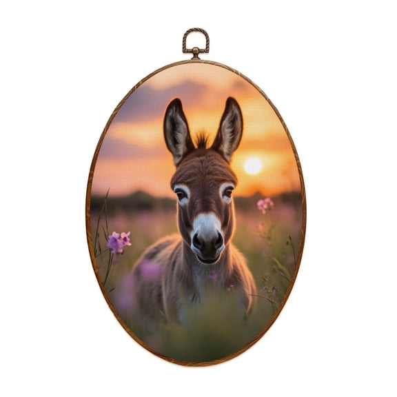 Farmhouse Canvas Wall Art Donkey Portrait Wildflower Meadow Golden Sunset Soft Bokeh Oval Framed Canvas Prints Vintage Wall Hanging Decor for Home Decorations 8.6"x11.4"