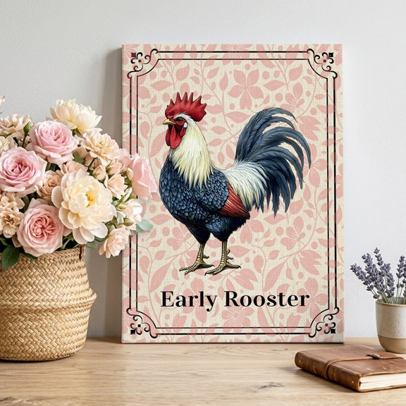 Farmhouse Canvas Wall Art, Early Rooster Animals Pink Floral Retro Border Linen Framed Canvas Wall Decor Picture Print Artwork Decorations for Living Room Office Ready to Hang 10" x 8"