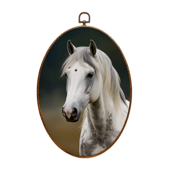 Farmhouse Canvas Wall Art Elegant White Horse Gray Spots Long Flowing Mane Oval Framed Canvas Prints Vintage Wall Hanging Decor for Home Decorations 8.6"x11.4"