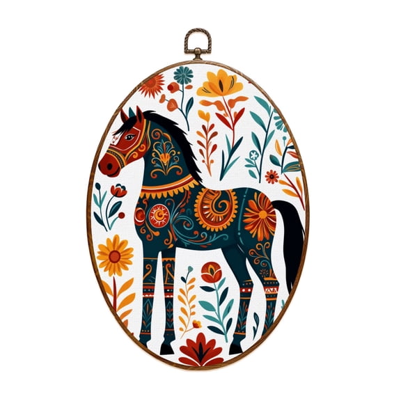 Farmhouse Canvas Wall Art Floral Ornate Horse Vibrant Patterns Colors Oval Framed Canvas Prints Vintage Wall Hanging Decor for Home Decorations 8.6"x11.4"