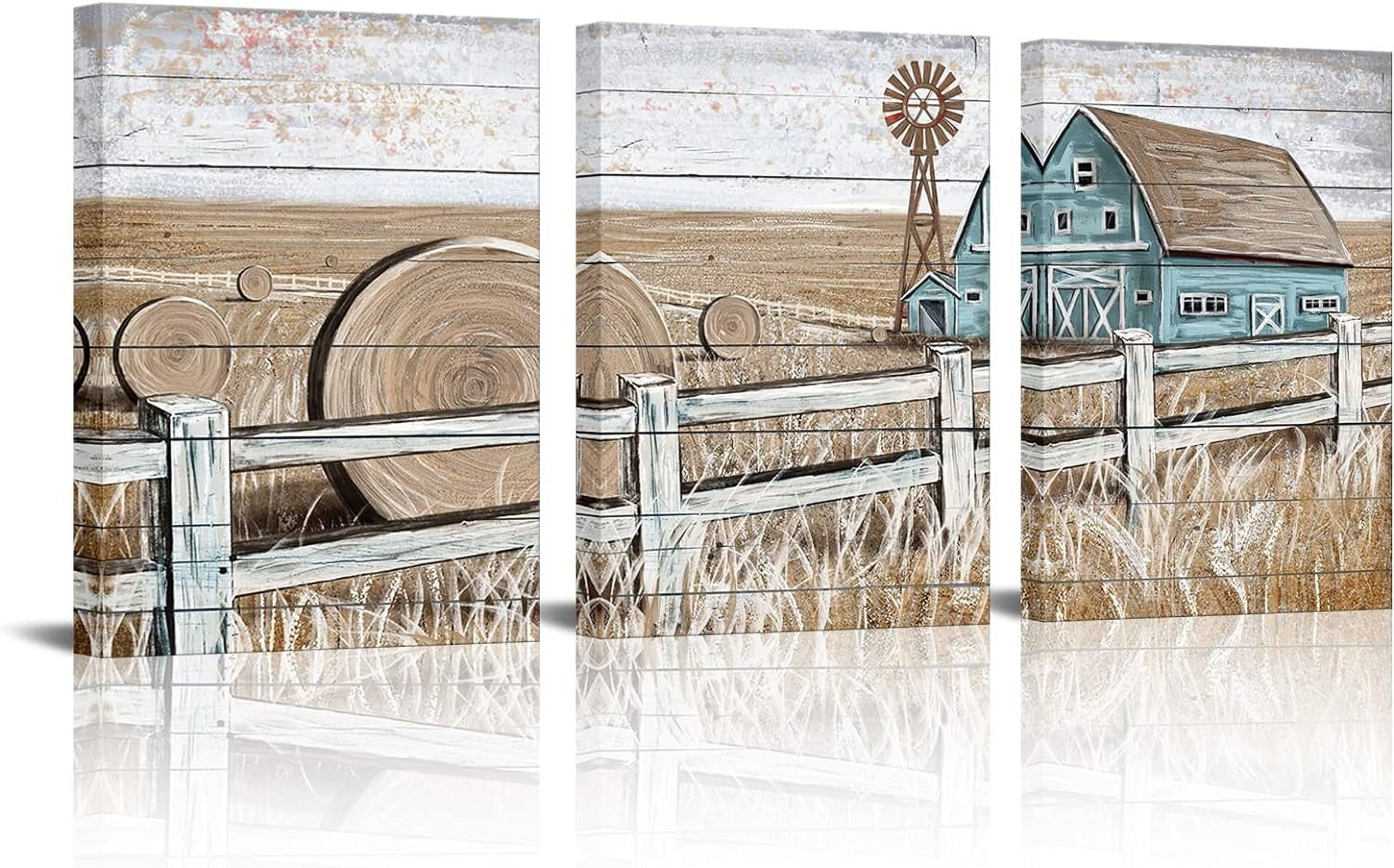 Farmhouse Canvas Wall Art Framed Landscape Painting Teal Old Barn ...