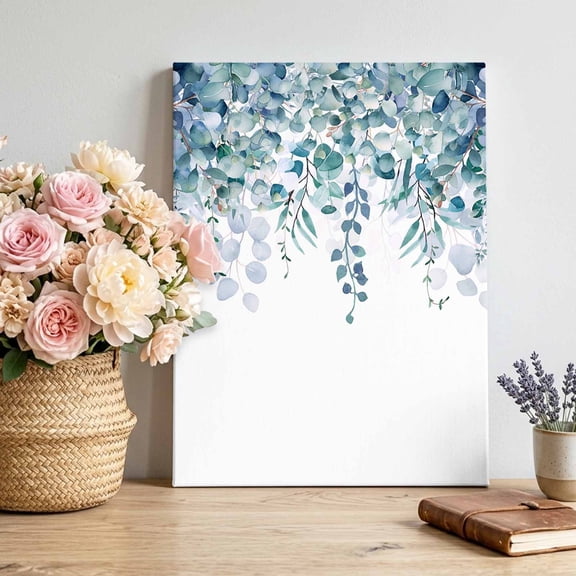 Farmhouse Canvas Wall Art Framed Wall Decor for Living Room Bedroom Bathroom, Watercolor Blue Eucalyptus Leaves Rustic Botanical Canvas Pictures Ready to Hang Decor, 8"x12"