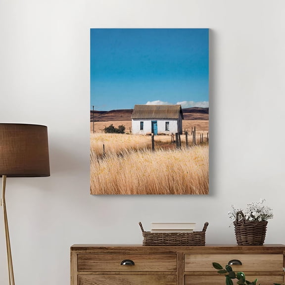 Farmhouse Canvas Wall Art: Framed White house Picture Rustic Countryside Farm Painting Print Vintage Country Flowers Scene Artwork for Office Bedroom Living Room Decor 20*28inch