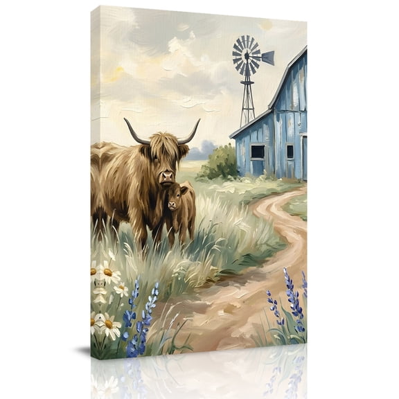 Farmhouse Canvas Wall Art for Living Room, Cow Barn Windmill Rustic Countryside Wall Decor Framed Artwork Pictures Ready to Hang for Bedroom Office Home Decor