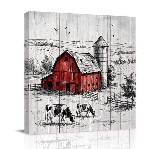 Farmhouse Canvas Wall Art for Living Room, Pastoral Landscape Watercolor Barn Farm Dairy Cow Wood Grain Poster Print Painting for Bedroom Office Home Decoration Wall Pictures Prepare To Hang 8"x8"