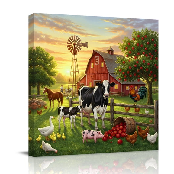 Farmhouse Canvas Wall Art for Living Room, Rustic Dairy Cow Pig Chicken Country Duck Horse Red Barn Poster Print Painting for Bedroom Office Home Decoration Wall Pictures Prepare To Hang 8"x8"
