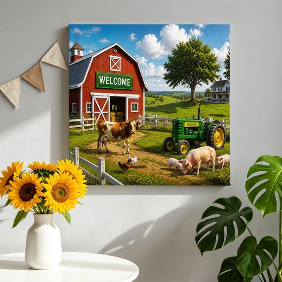 Farmhouse Canvas Wall Art for Living Room, Rustic Red Barn Animal Tractor Cow Rural Fence Poster Print Painting for Bedroom Office Home Decoration Wall Pictures Prepare To Hang 8"x8"