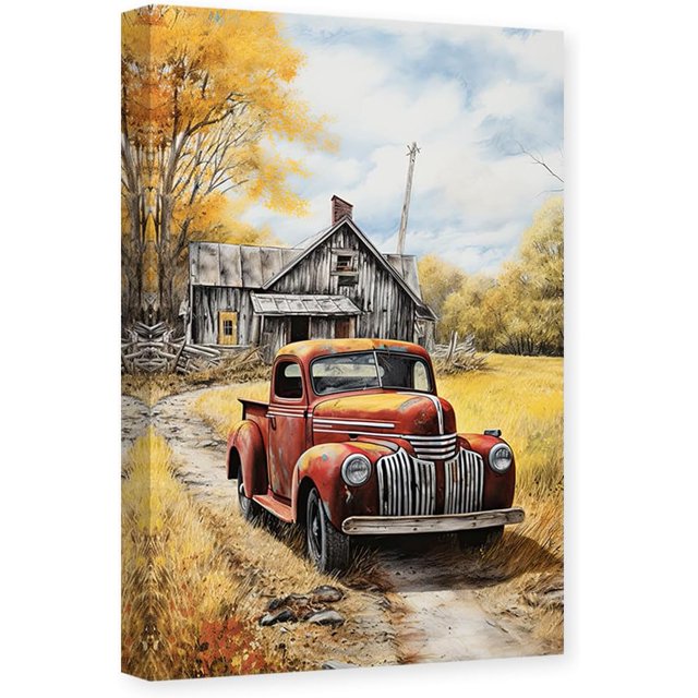 Farmhouse Canvas Wall Art Old Barn Red Truck Picture Print Rustic Farm