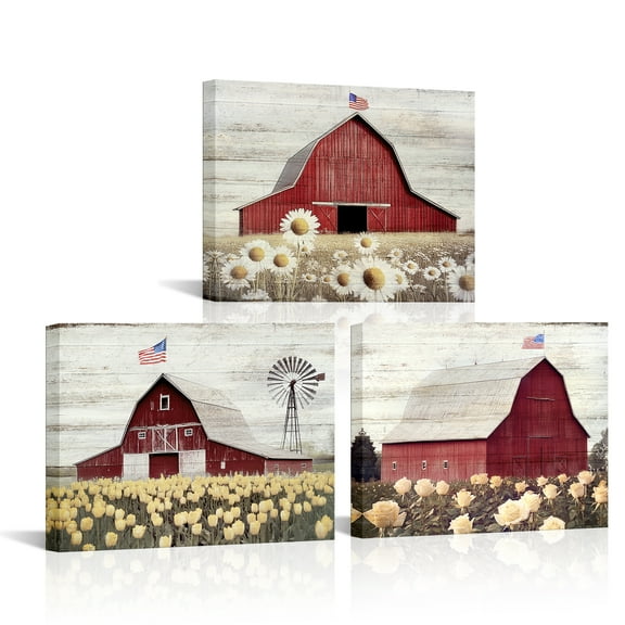 Farmhouse Canvas Wall Art, Red Barn Windmill Decor Rustic Farmhouse Pictures, Coutry Wall Art Old Barn Picture Vintage Farm Painting for Kitchen Bathroom Wall Decorations 12x16inchx3panels(Framed)