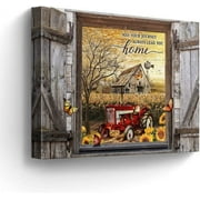 Farmhouse Canvas Wall Art Red Old Tractor Picture Kitchen Wall Decor Rustic Sunflowers Country Painting for Bedroom Bathroom Living Room Prints Artwork Framed 12"x16"