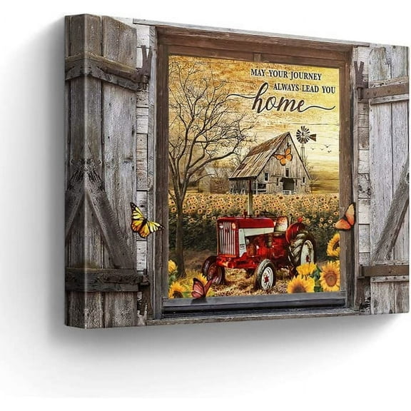 Farmhouse Canvas Wall Art Red Old Tractor Picture Kitchen Wall Decor Rustic Sunflowers Country Painting for Bedroom Bathroom Living Room Prints Artwork Framed 12"x16"